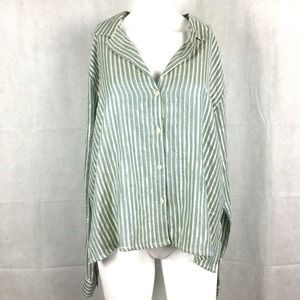 SimiSue Shirt Womens Sz L‎ Blue Gold Metallic Striped Long Sleeve Button Up